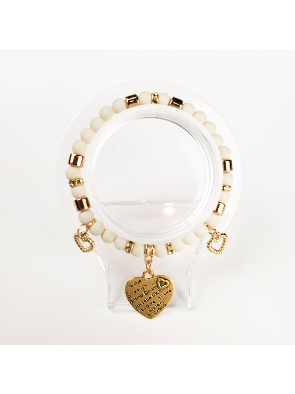 Gold Tone And Ivory Beaded Stretch Charm Bracelet With Heart Pendants Love Engra